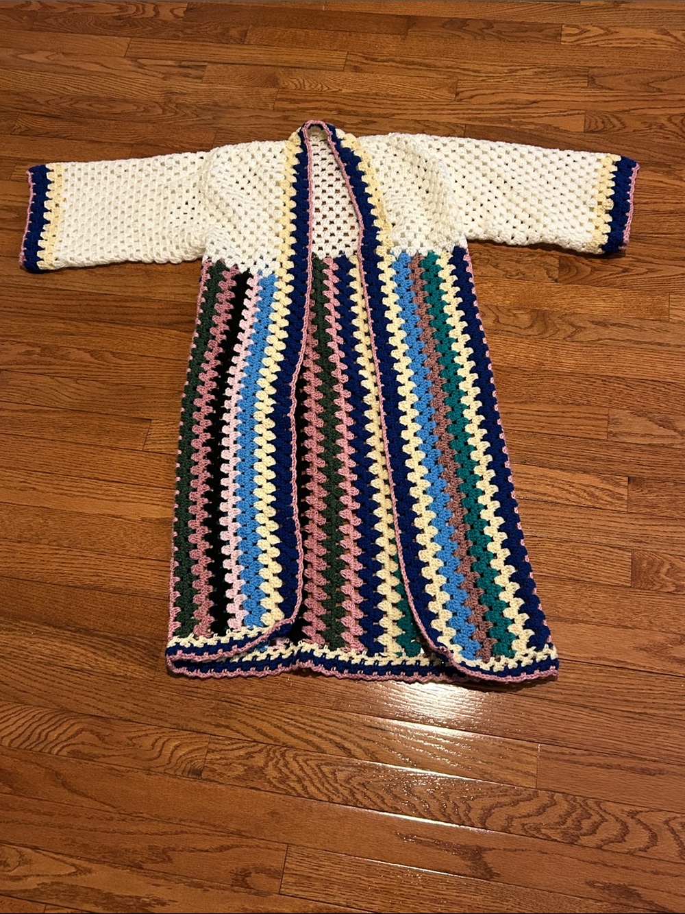 Handmade Crochet Long Cardigan White with Multicolor Stripes Perfect for summer